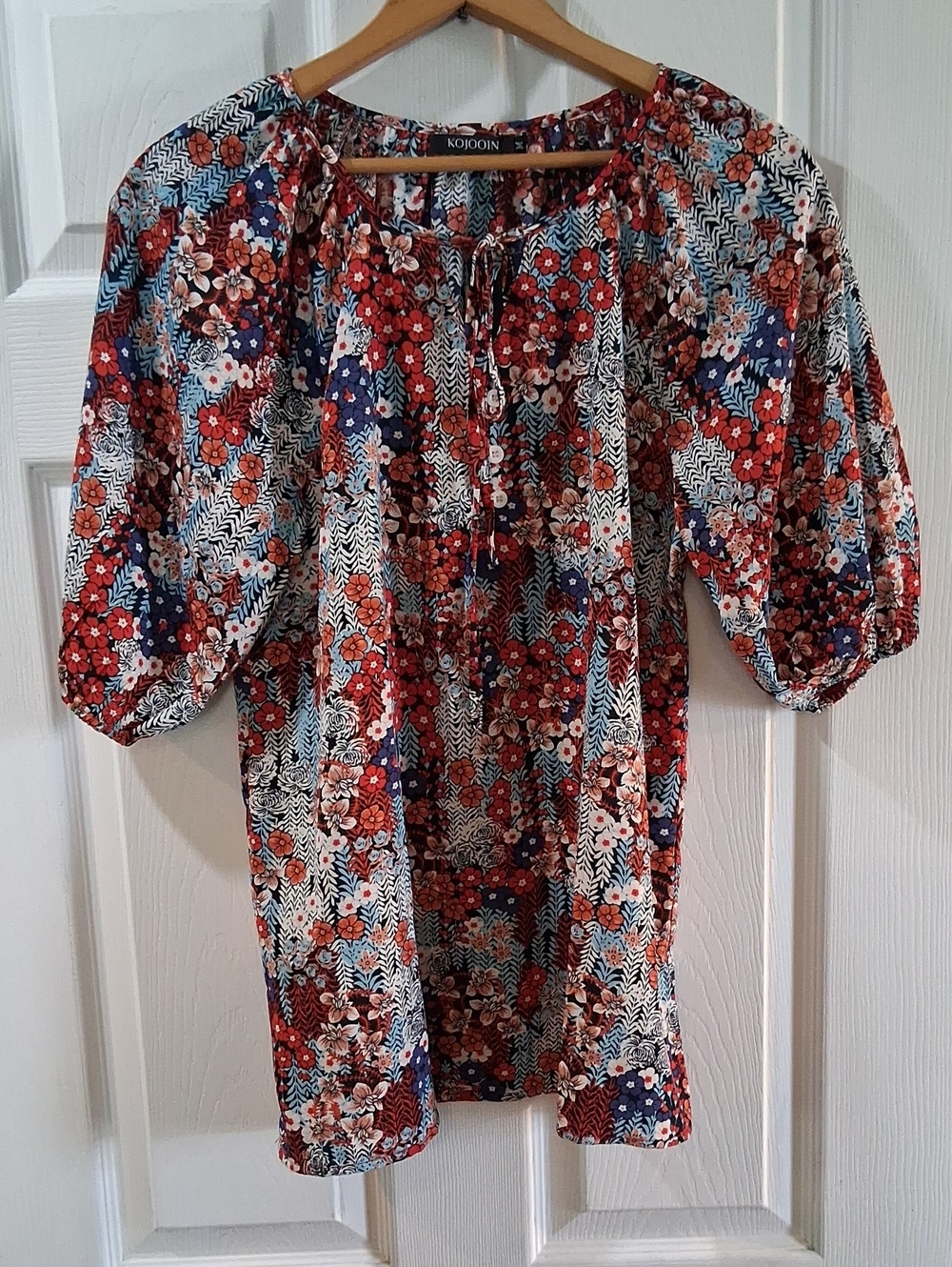 Kojoojn Red Floral Peasant Tunic with Tie Neck